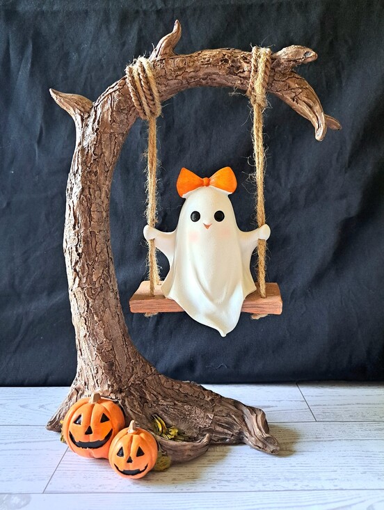 The Unbranded Brand Other - Ghost on Swing with Pumpkins & Realistic Tree Shelf Sitter New Halloween Decor